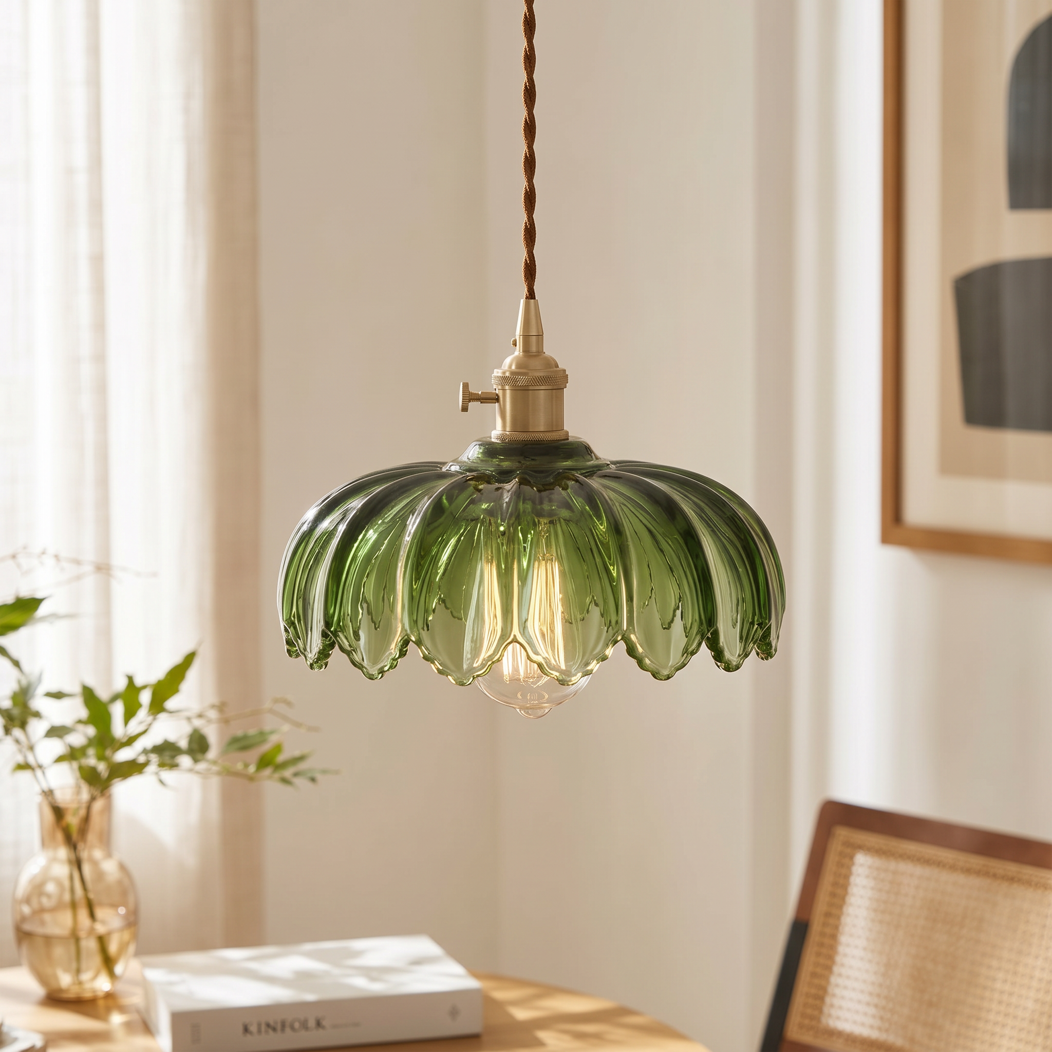 NEW West Elm Vintage Green Glass Hanging Gold Floral Pendant Light Fixture