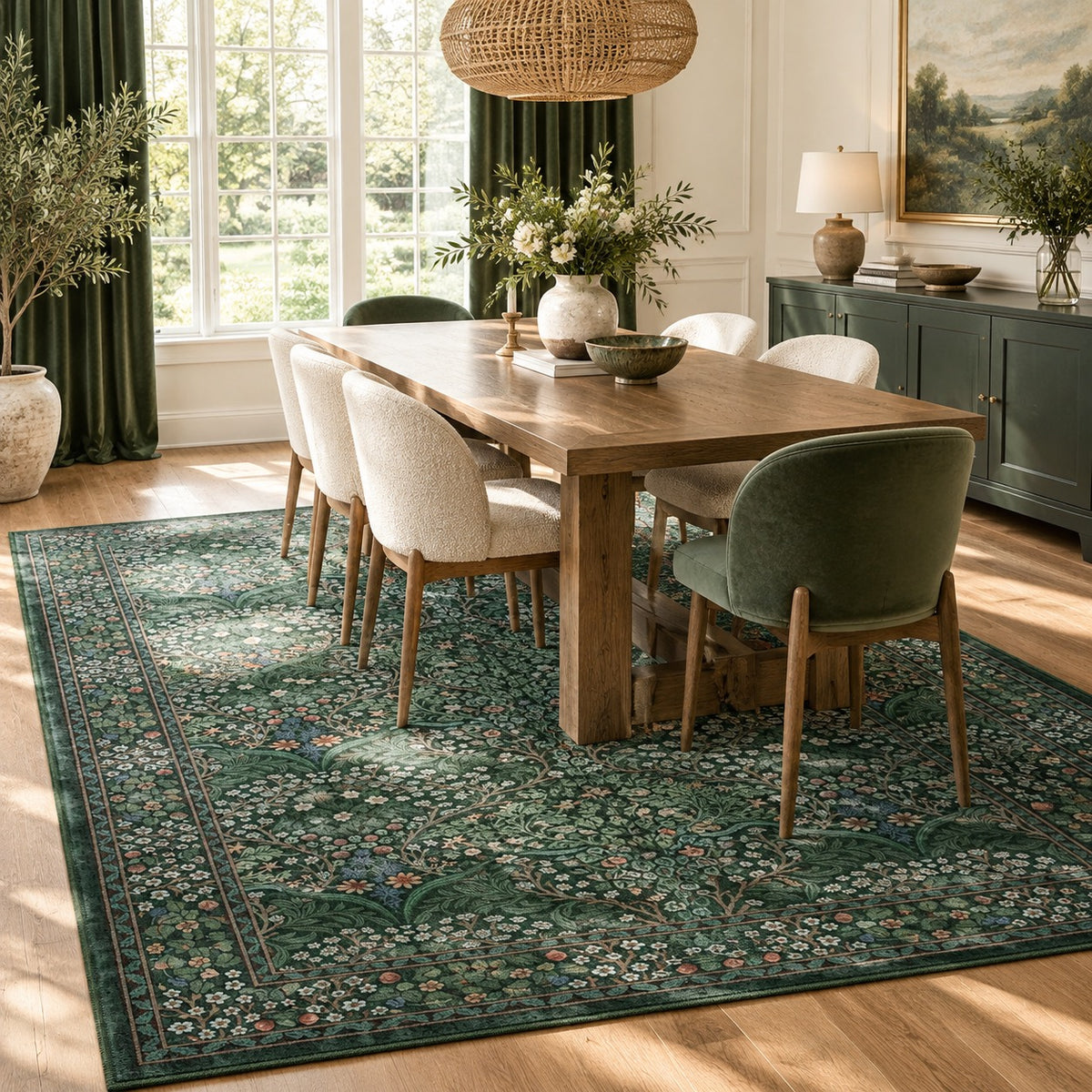 NEW Anthropologie Green Floral Boho Washable Multicolor Area Rug Carpet 5' x 7'