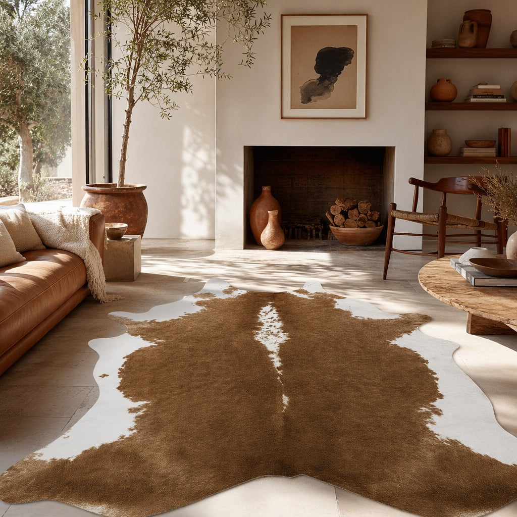 NEW West Elm XL Faux Cowhide Fur Leather White Area Rug Boho Floor - 6’ x 5’