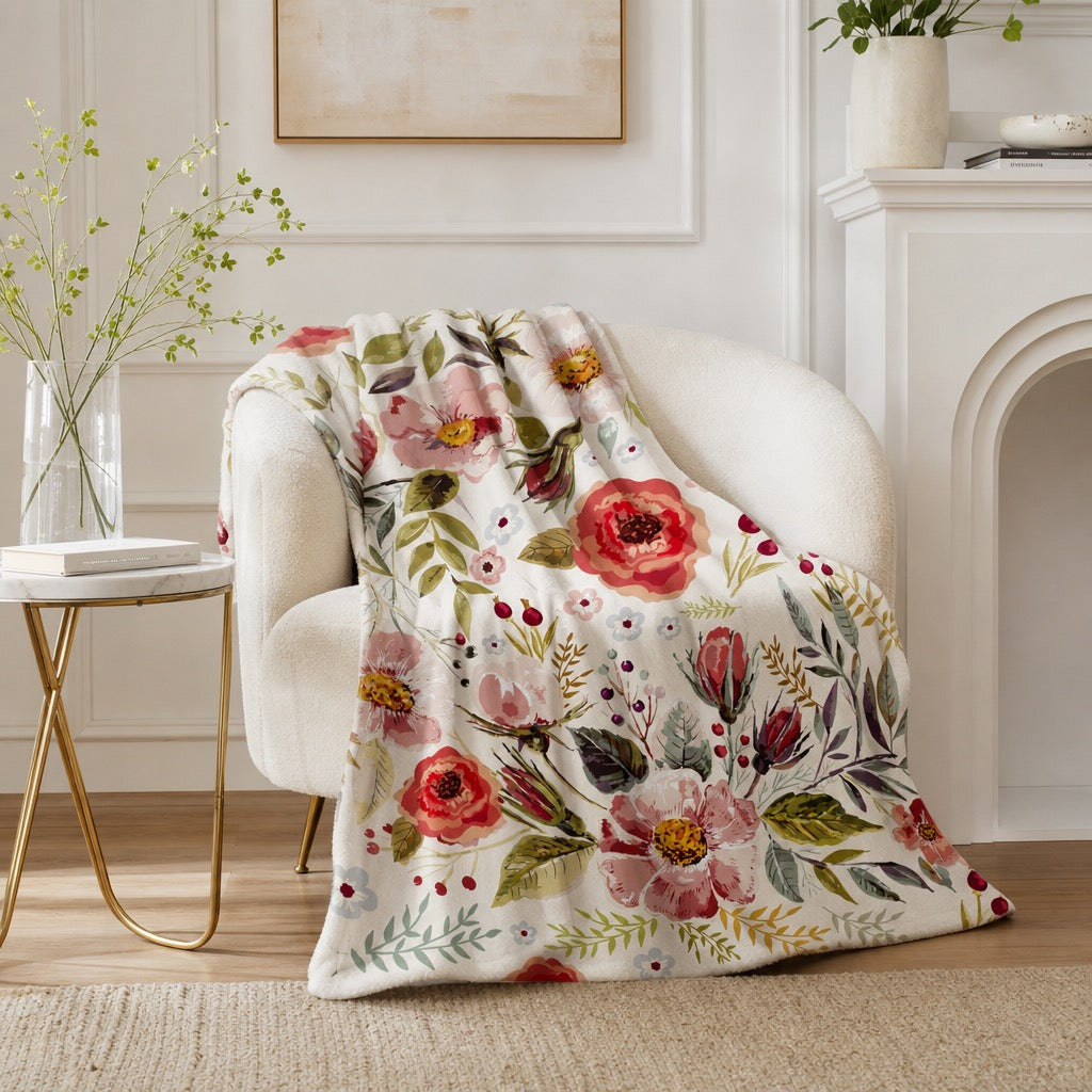 NEW Anthropologie Boho Fleece Floral Throw Blanket Bedspread Bedding - 80" x 60"