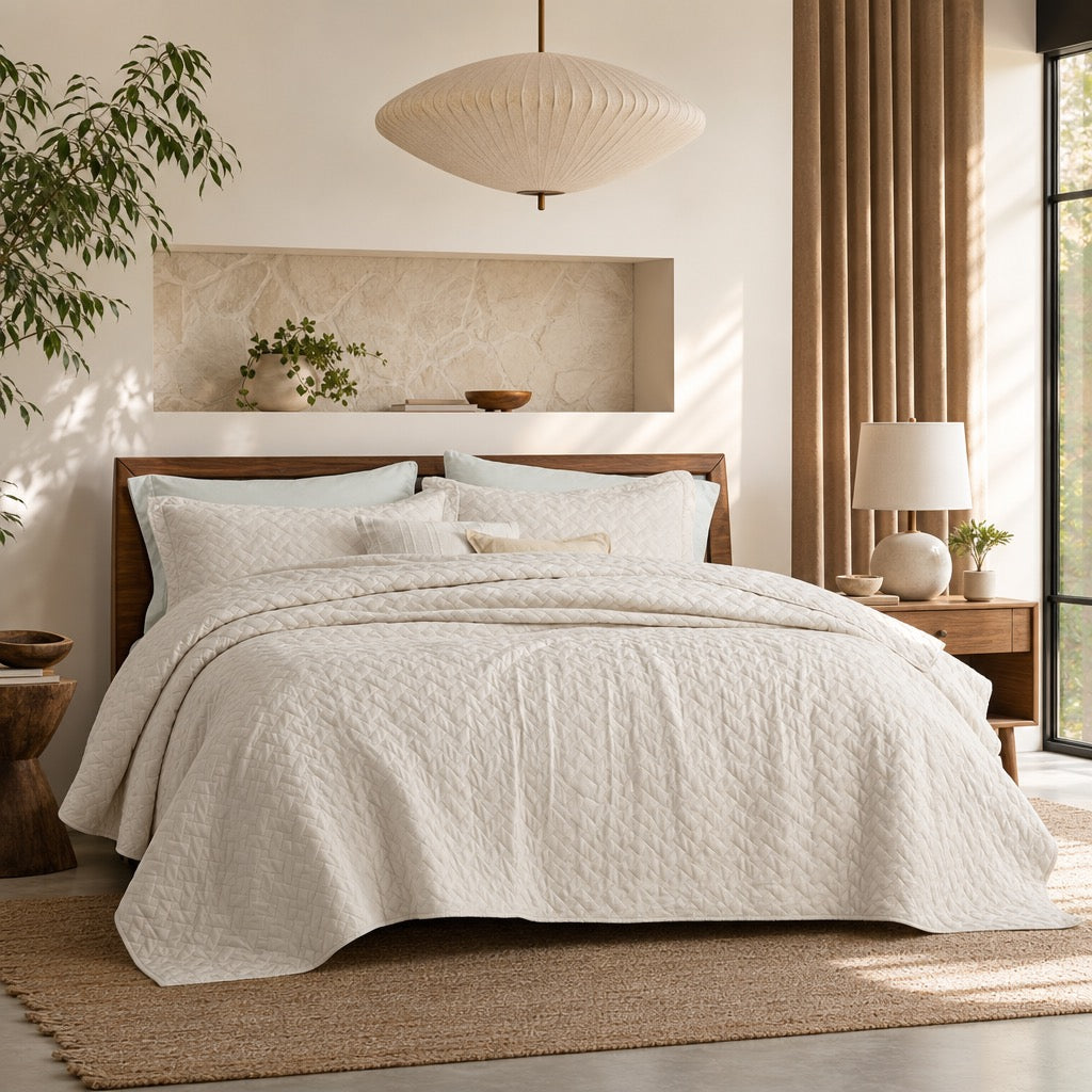 NEW Anthropologie Beige Boho Chevron Quilted Bedding Quilt & Sham Set - Queen / King