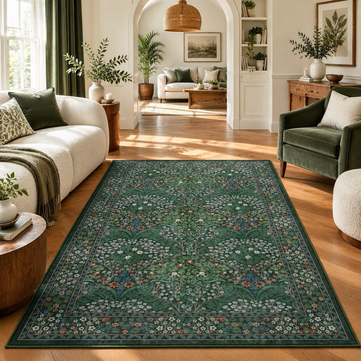 NEW Anthropologie Green Floral Boho Washable Multicolor Area Rug Carpet 5' x 7'