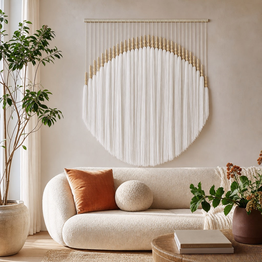 NEW Anthropologie Large Boho White Tassel Tapestry Round Beaded Wall Hanging 55"
