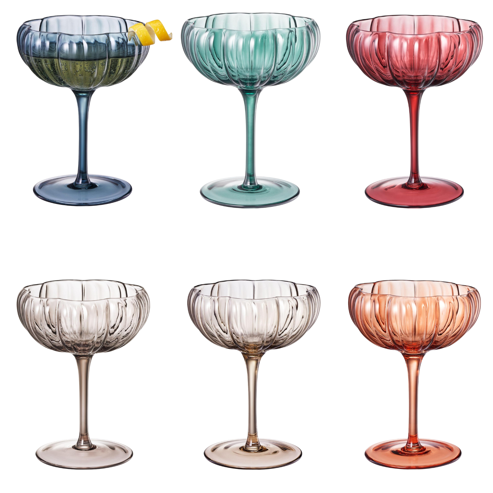 Flower Coupe Cocktail Colored Glasses | Set of 6 | Muted