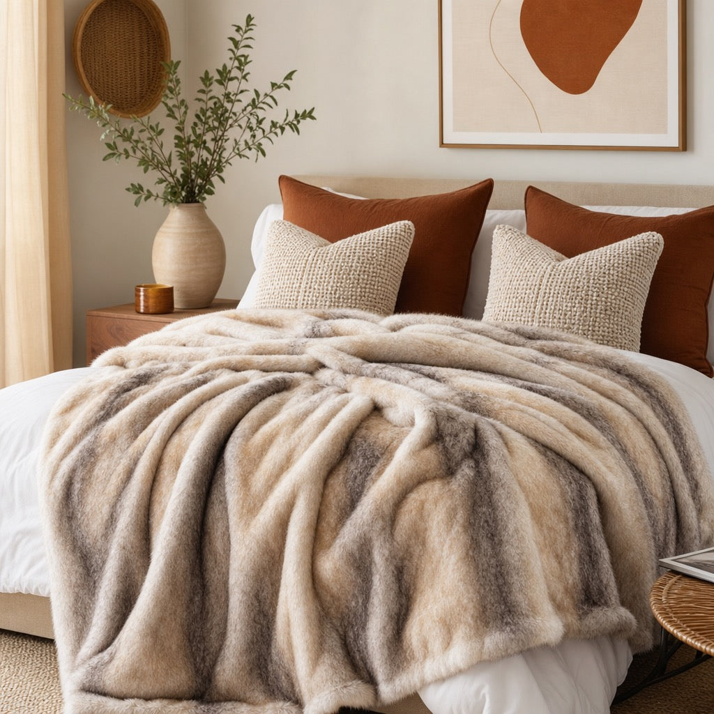 NEW West Elm Boho Brown Faux Fur Thick Mink Throw Blanket Bedding - 60" x 50"