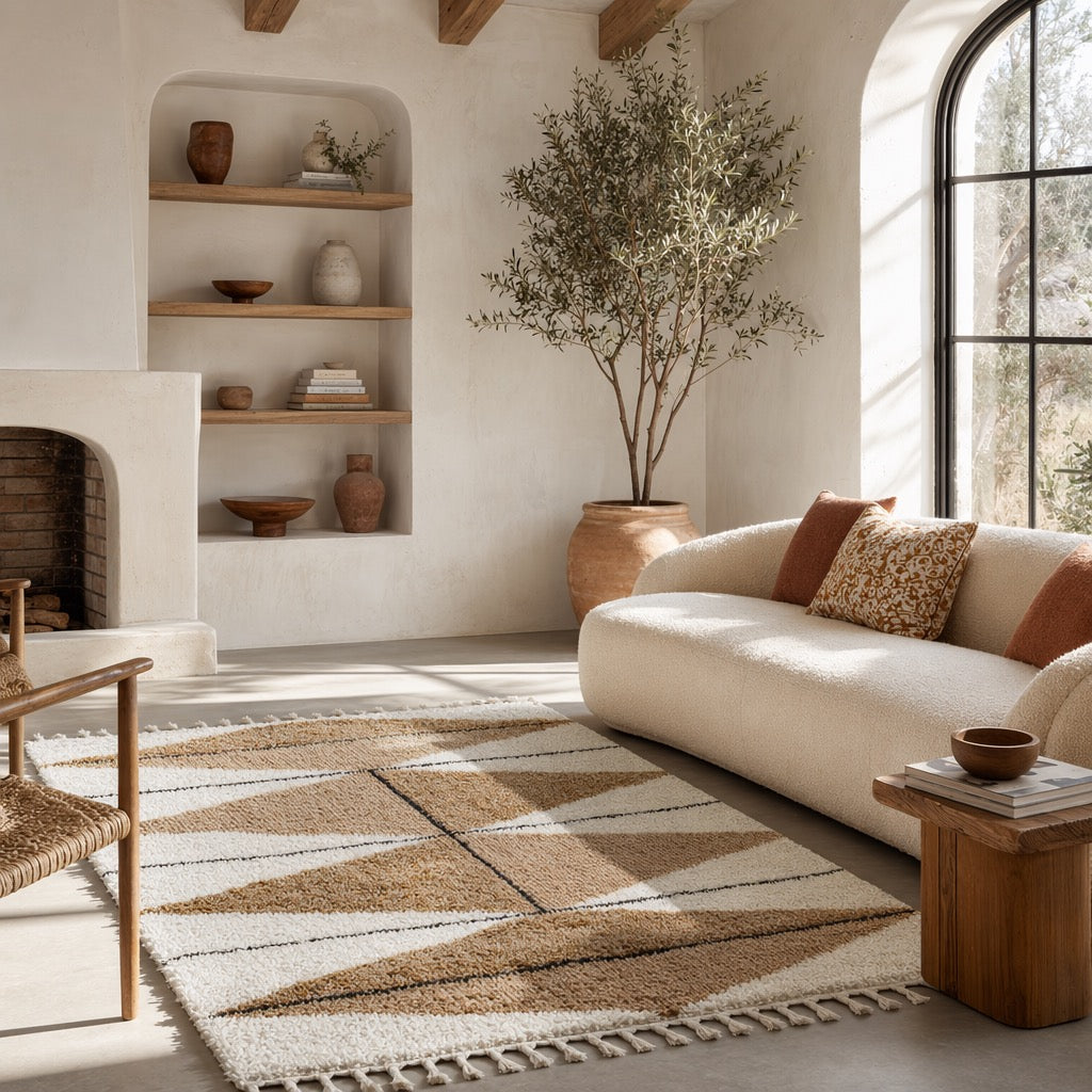 NEW West Elm White Cream Boho Tassel Geometric Shag Area Rug Carpet - 4' x 6'