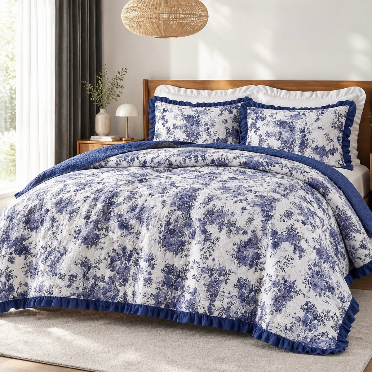 NEW Anthropologie Blue White Floral Ruffle Trim Quilt Coverlet Bedding Sham Set