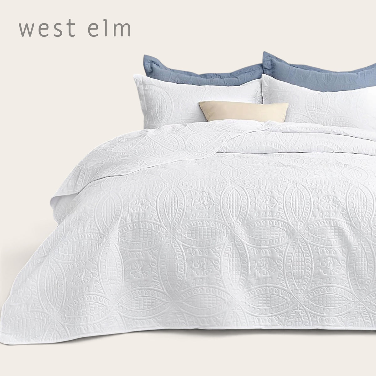 NEW West Elm White Embroidered Boho Bedding Quilt Coverlet Bedding & Sham Set