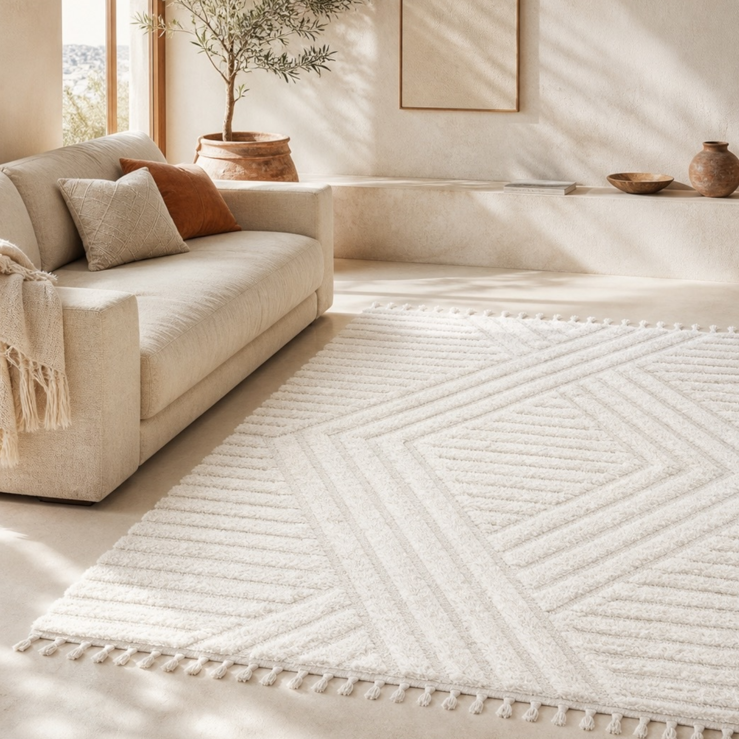 NEW West Elm White Cream Boho Tassel Geometric Shag Area Rug Carpet - 4' x 6'