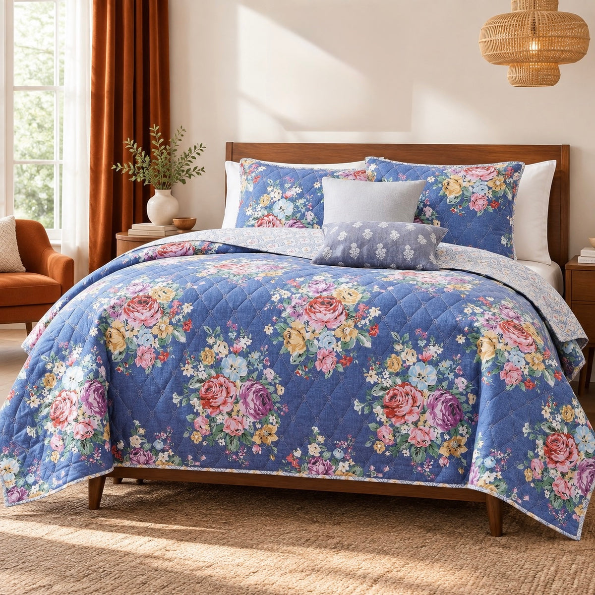 NEW Anthropologie Colorful Blue Vintage Floral Quilt Coverlet Bedding & Sham Set