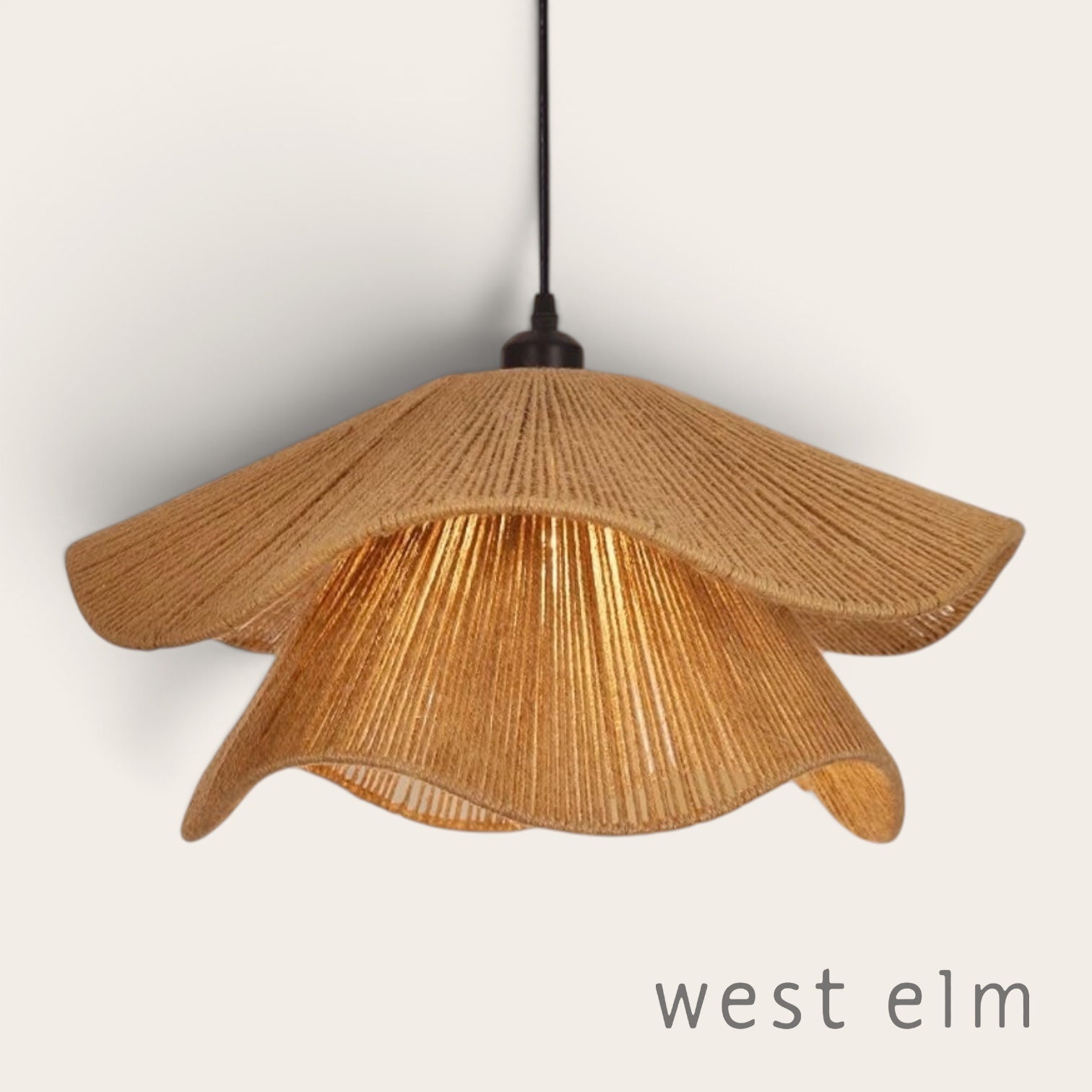 NEW West Elm Large Jute Woven Wavy Black Rope Chandelier Pendant Light Fixture