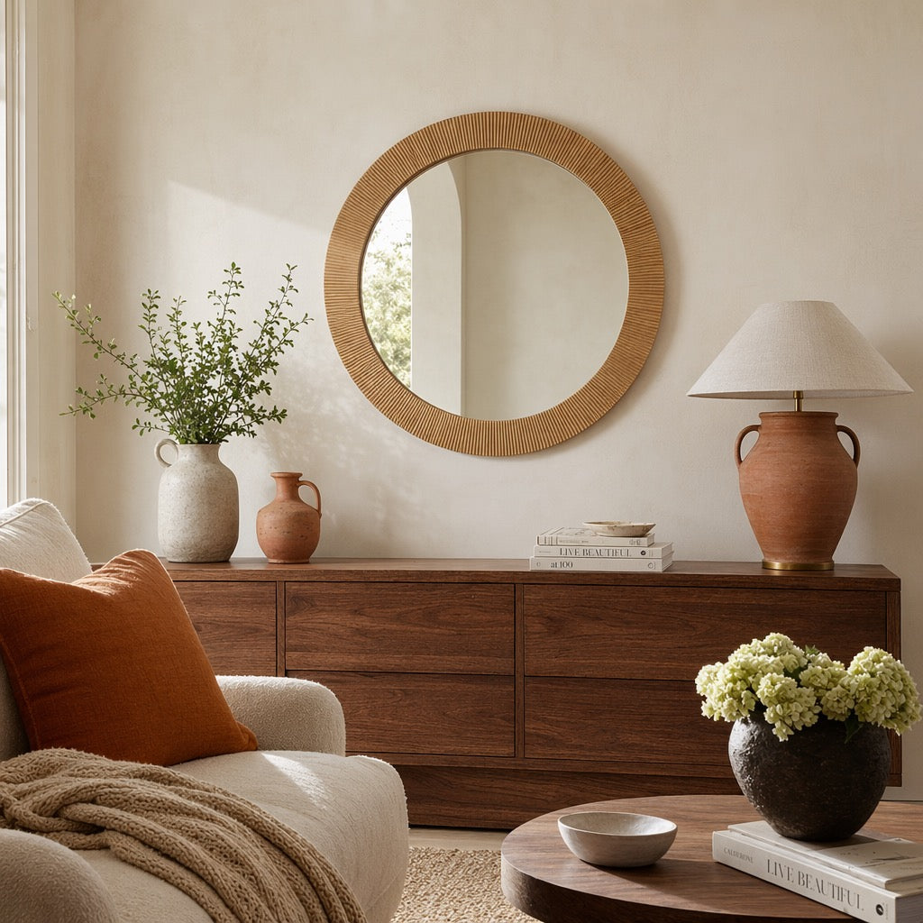 NEW West Elm Large Round Mirror Wicker Wood Boho Wall Hanging Decor - 24” Diam