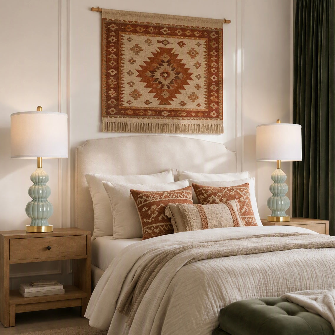 NEW Anthropologie Set / 2 Sage Green Gold Ceramic Boho Table Lamps Lighting 28"