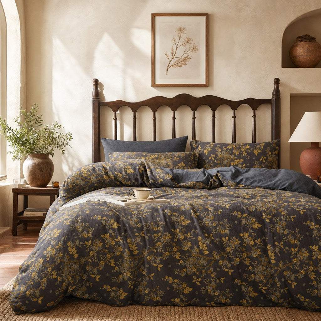NEW Anthro Gold Jacquard 100% Cotton Boho Queen / King Bedding Duvet & Sham Set