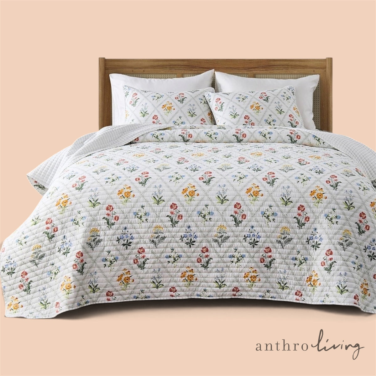 NEW Anthropologie Multicolor Floral Reversible Quilt Bedspread Bedding Sham Set