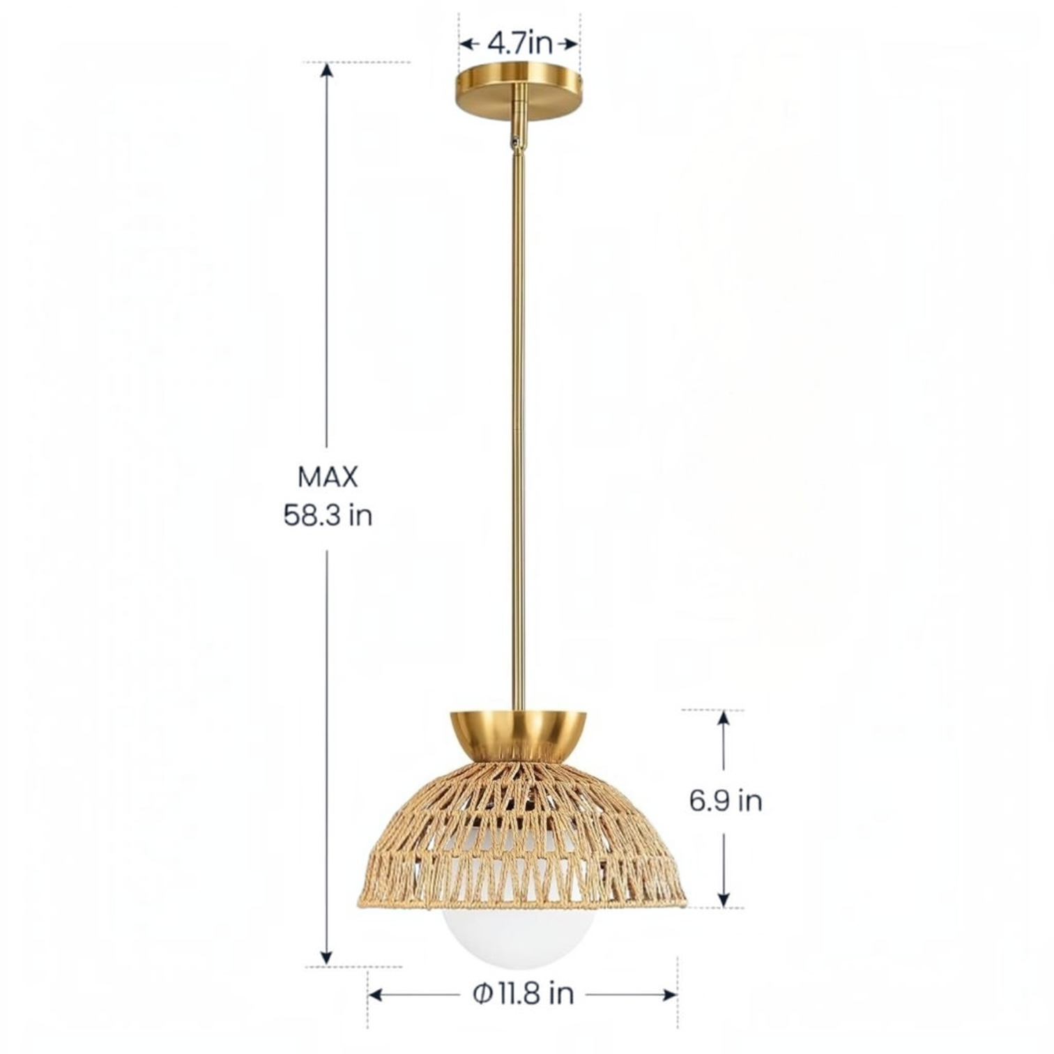 NEW West Elm Gold & Rattan Glass Globe Woven Hanging Boho Pendant Light Fixture