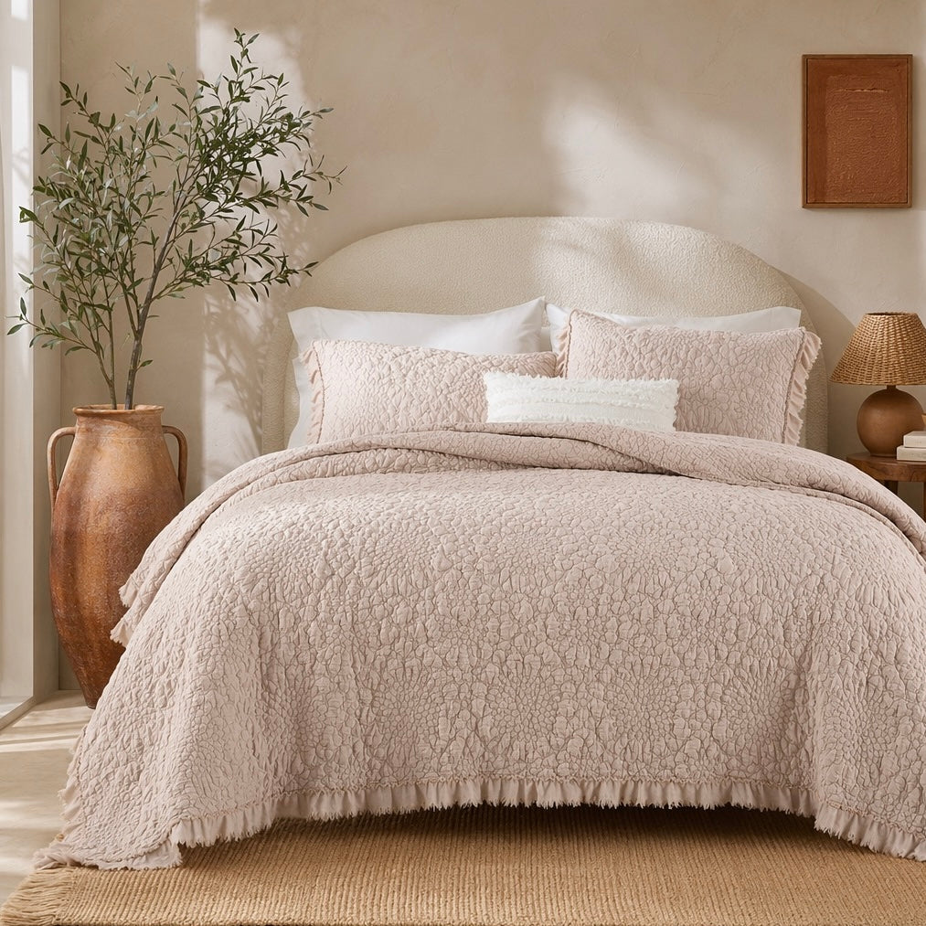 NEW Anthro Dusty Pink Boho Ruffle Crinkle Queen / King Bedding Quilt & Sham Set