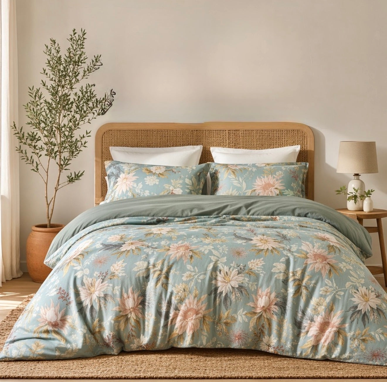 NEW Anthro Blue Floral Multicolor Full Queen King Cotton Bedding Duvet Sham Set