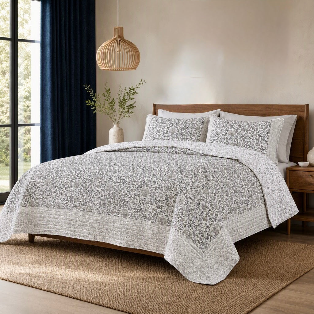 NEW West Elm Blue White Botanical Reversible Queen King Bedding Quilt & Sham Set