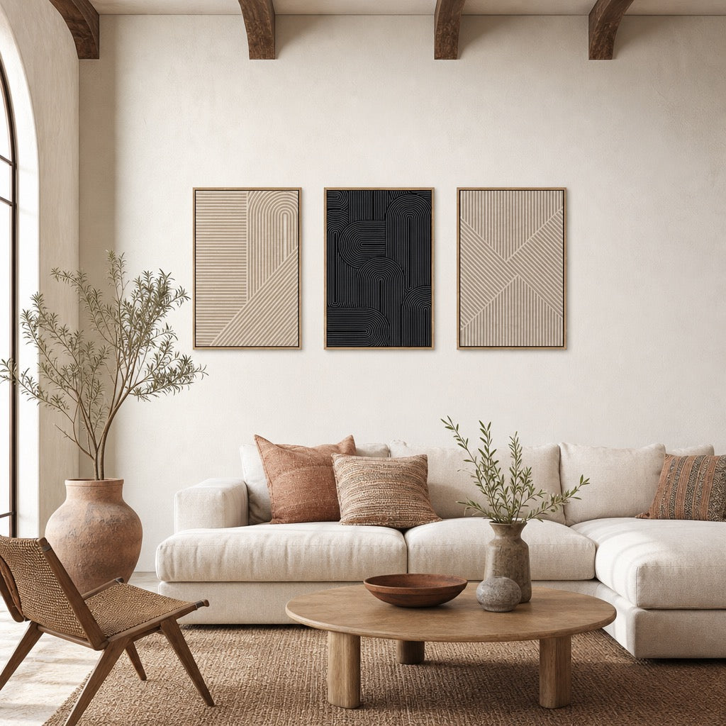 NEW West Elm Large Abstract Set of 3 Framed Canvas Wall Art Paintings Decor 24"