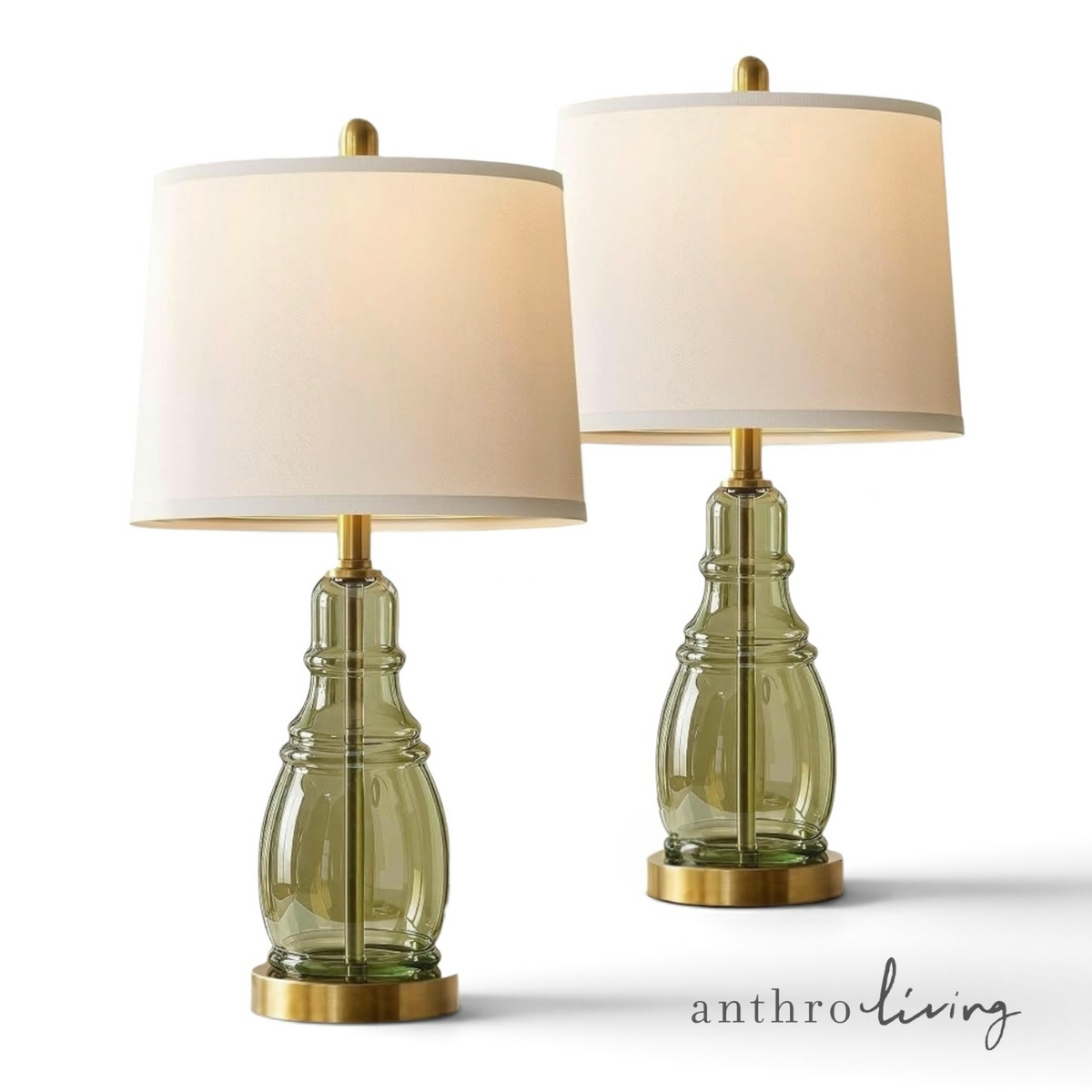 NEW Anthropologie Set of 2 Sage Green Glass Gold Boho Table Lamps Lighting - 22"