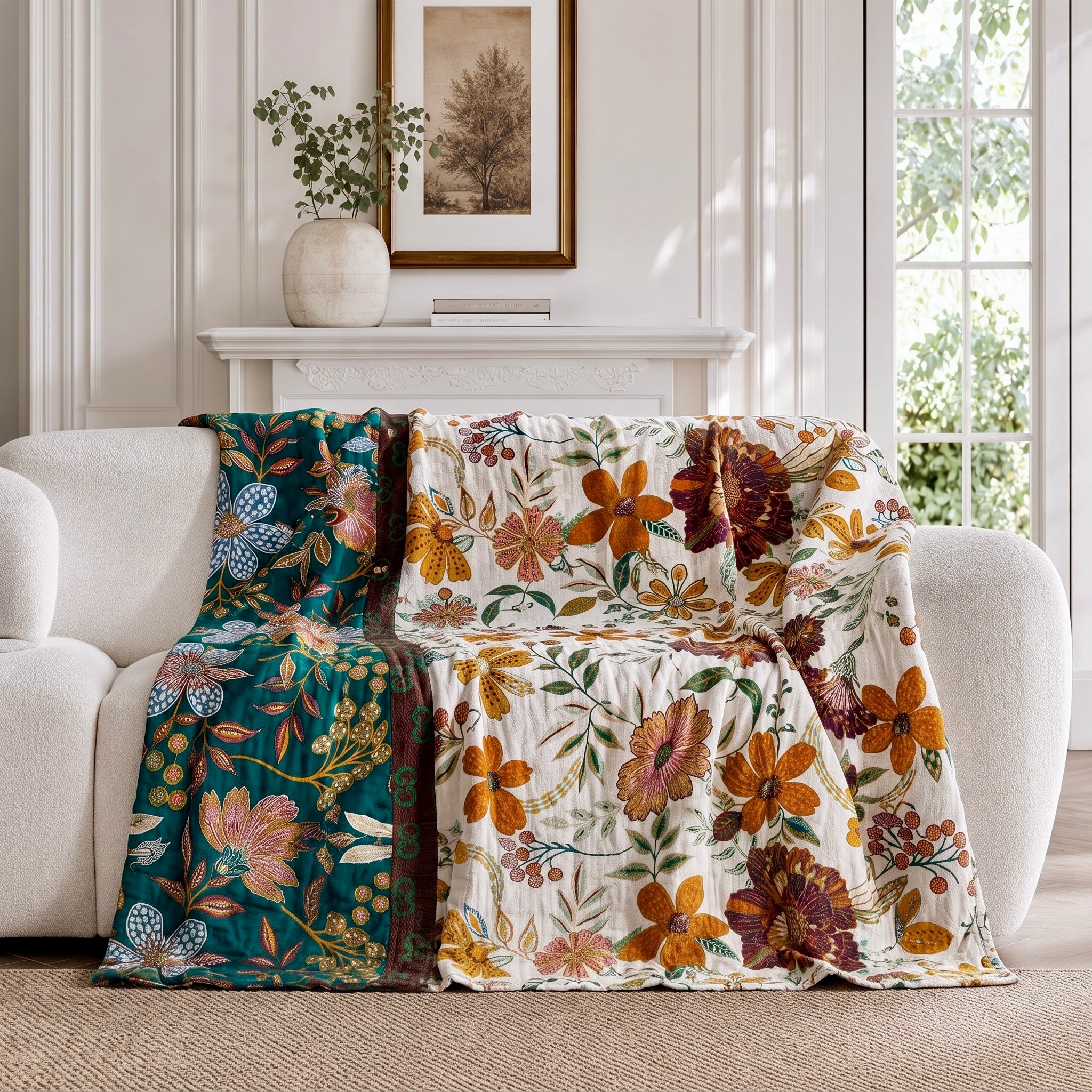 NEW Anthropologie Boho Floral Reversible Queen Blanket Bedspread Quilt 90" x 98"