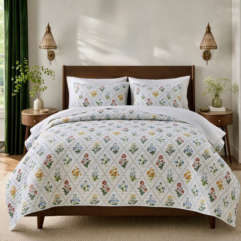 NEW Anthropologie Multicolor Floral Reversible Quilt Bedspread Bedding Sham Set