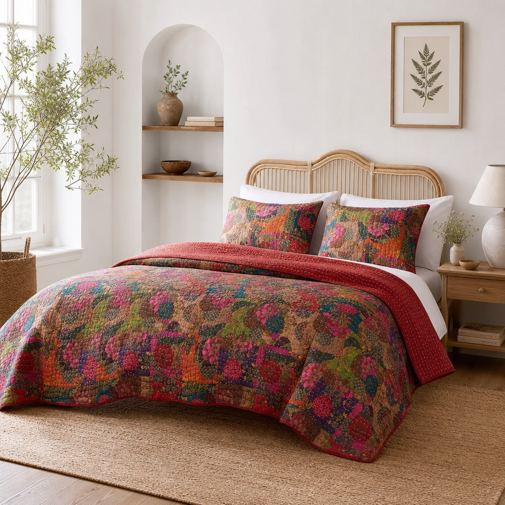 NEW Anthropologie Red Floral Boho King Quilt Stitch Bedspread Bedding Sham Set