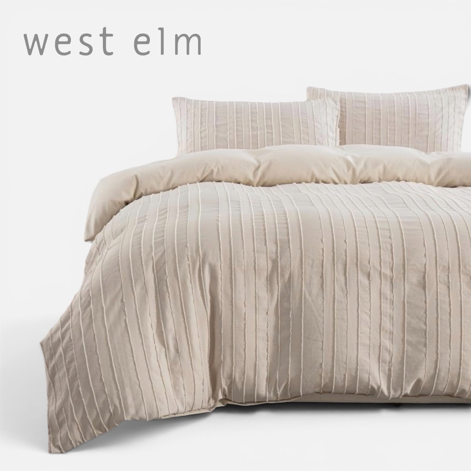 NEW West Elm Beige Boho Queen Size Tufted Simple Solid Bedding Duvet & Sham Set