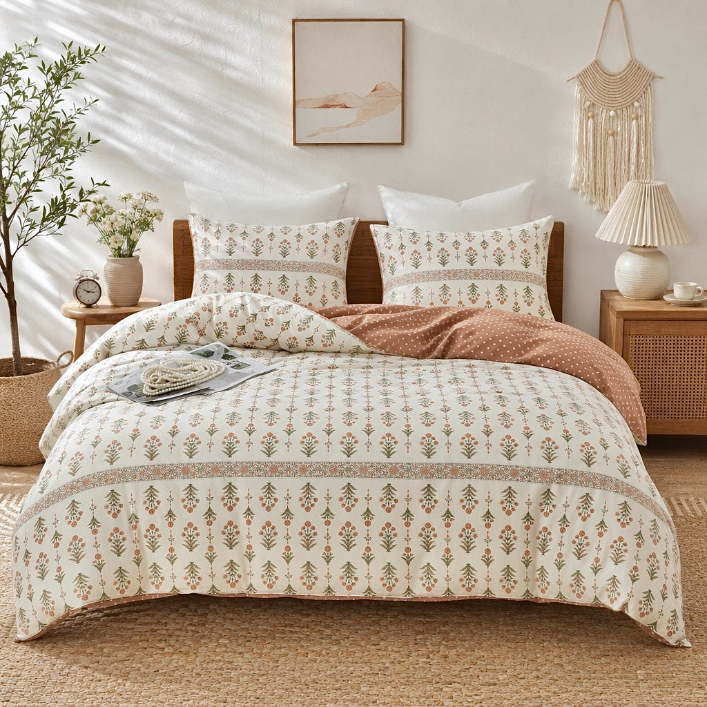 NEW Anthropologie White Coral Boho King Floral Cotton Bedding Duvet & Sham Set