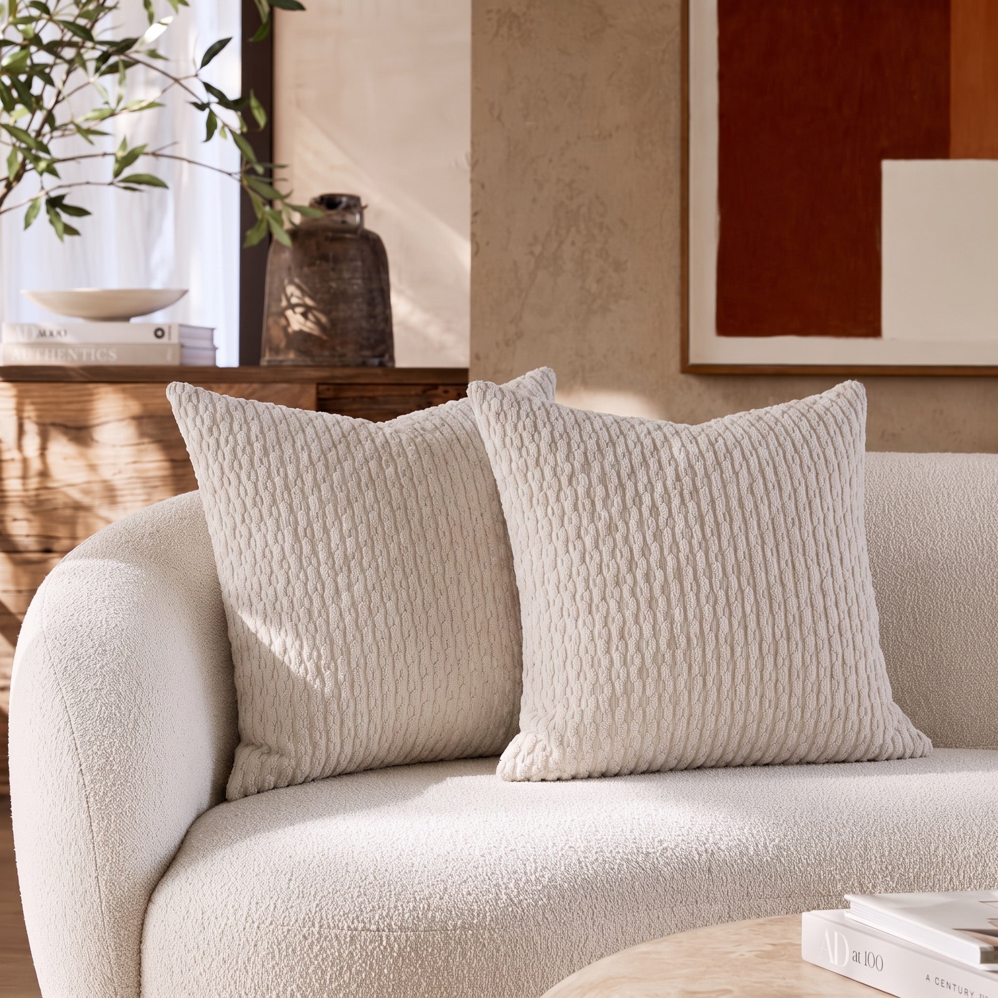 New West Elm (Set 2) White Velvet Corduroy Euro Throw Pillow Cover Sham 24 x 24