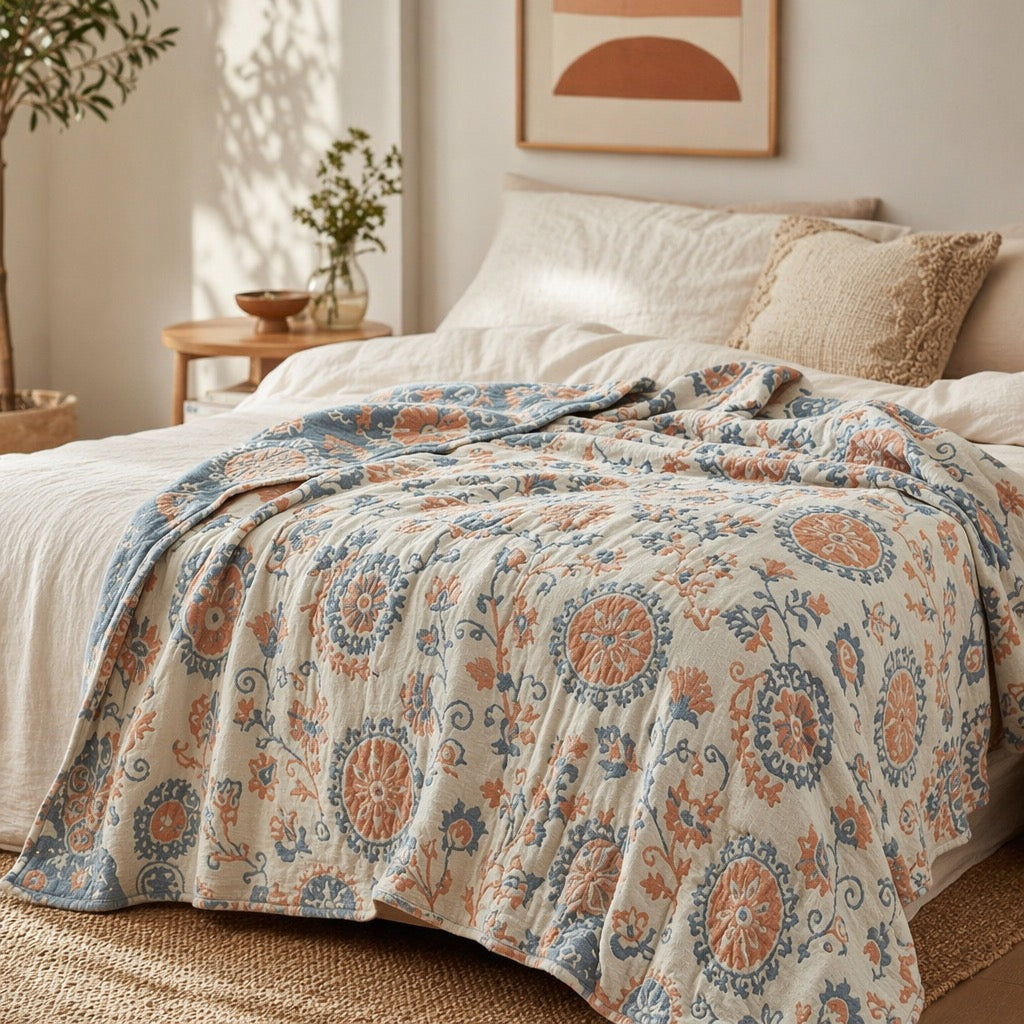 New Anthropologie Boho Reversible Throw Blanket Bedspread Quilt - 80" x 60"