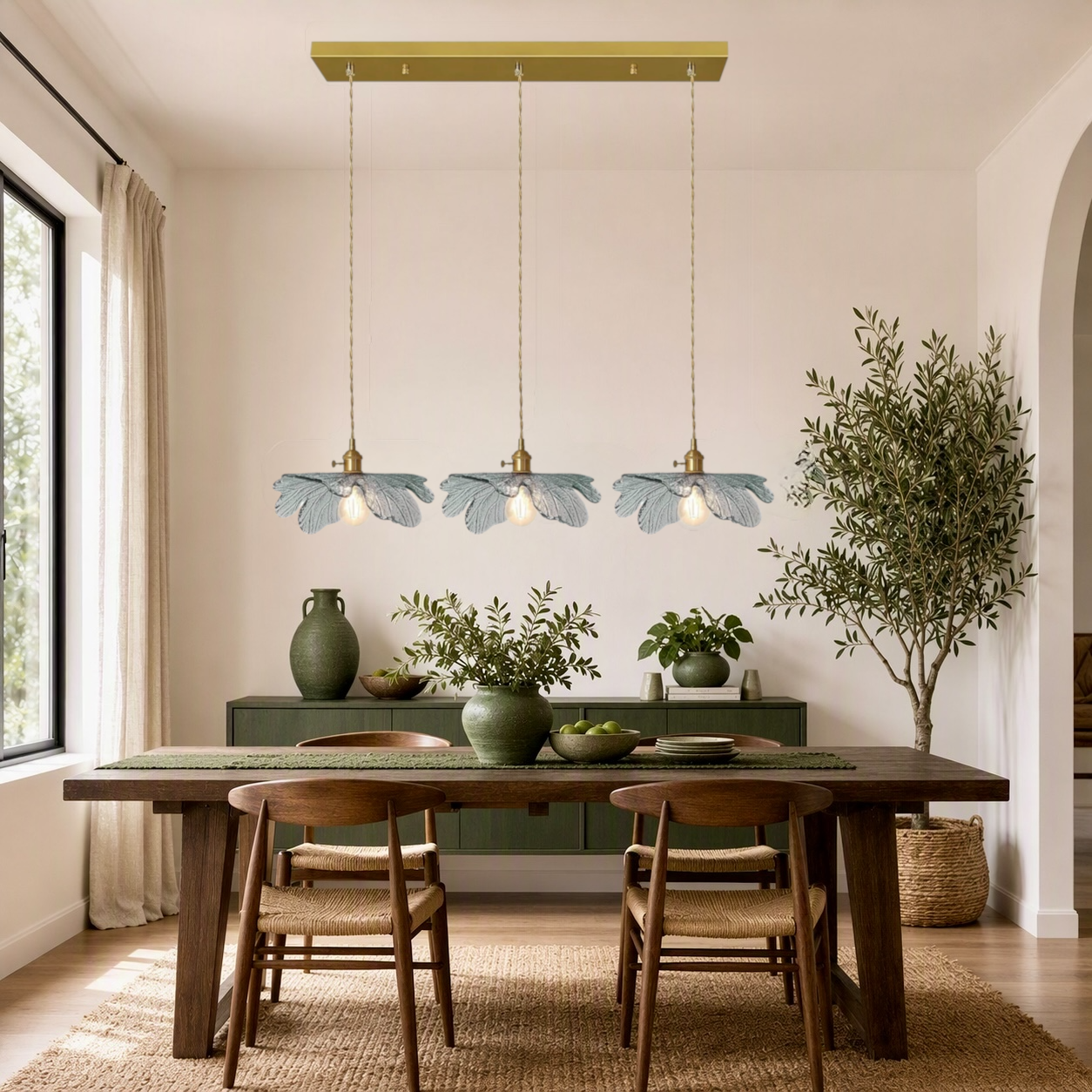 NEW Anthropologie 3-Light Blue Gold & Blue Glass Floral Light Fixture Chandelier