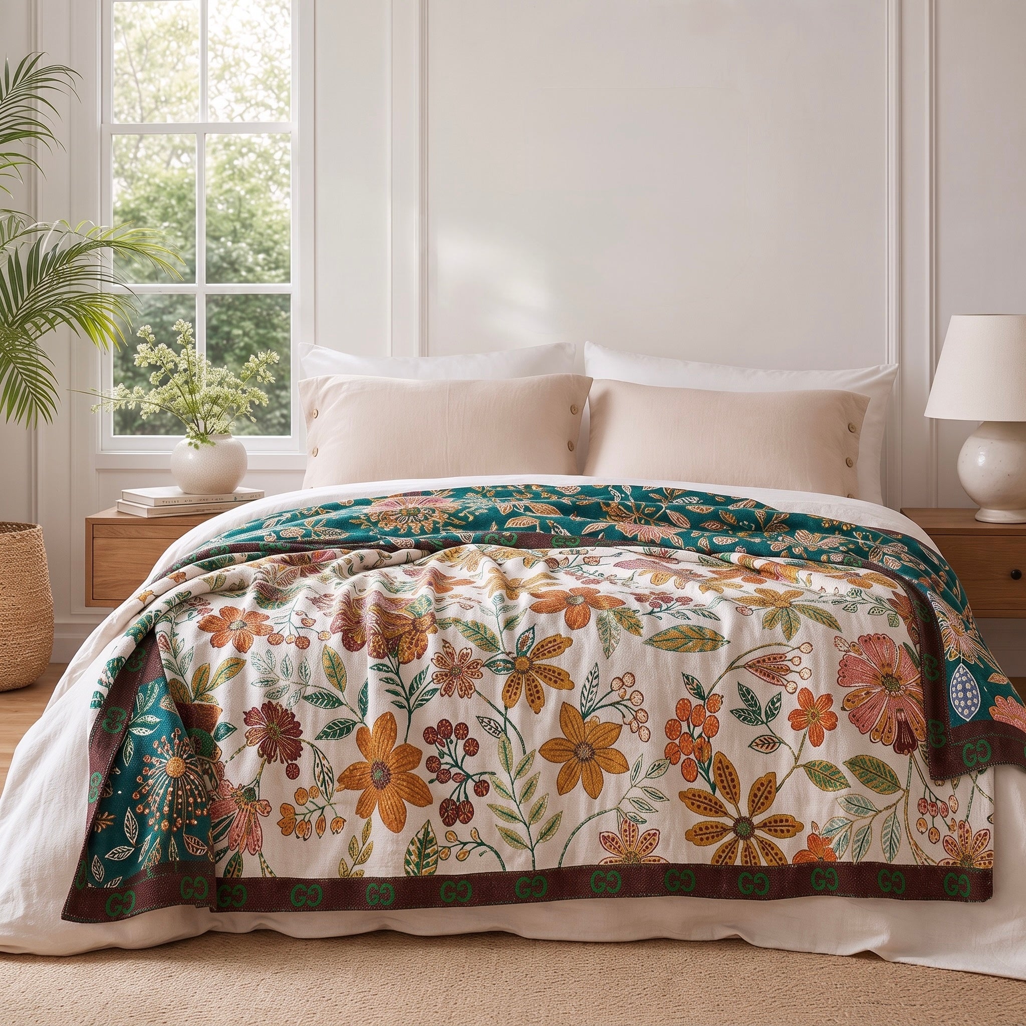 NEW Anthropologie Boho Floral Reversible Queen Blanket Bedspread Quilt 90" x 98"