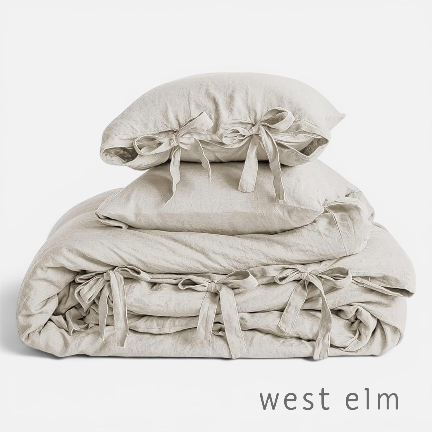 NEW West Elm Boho Beige Khaki Bow King Size Soft Washed Bedding Duvet & Sham Set
