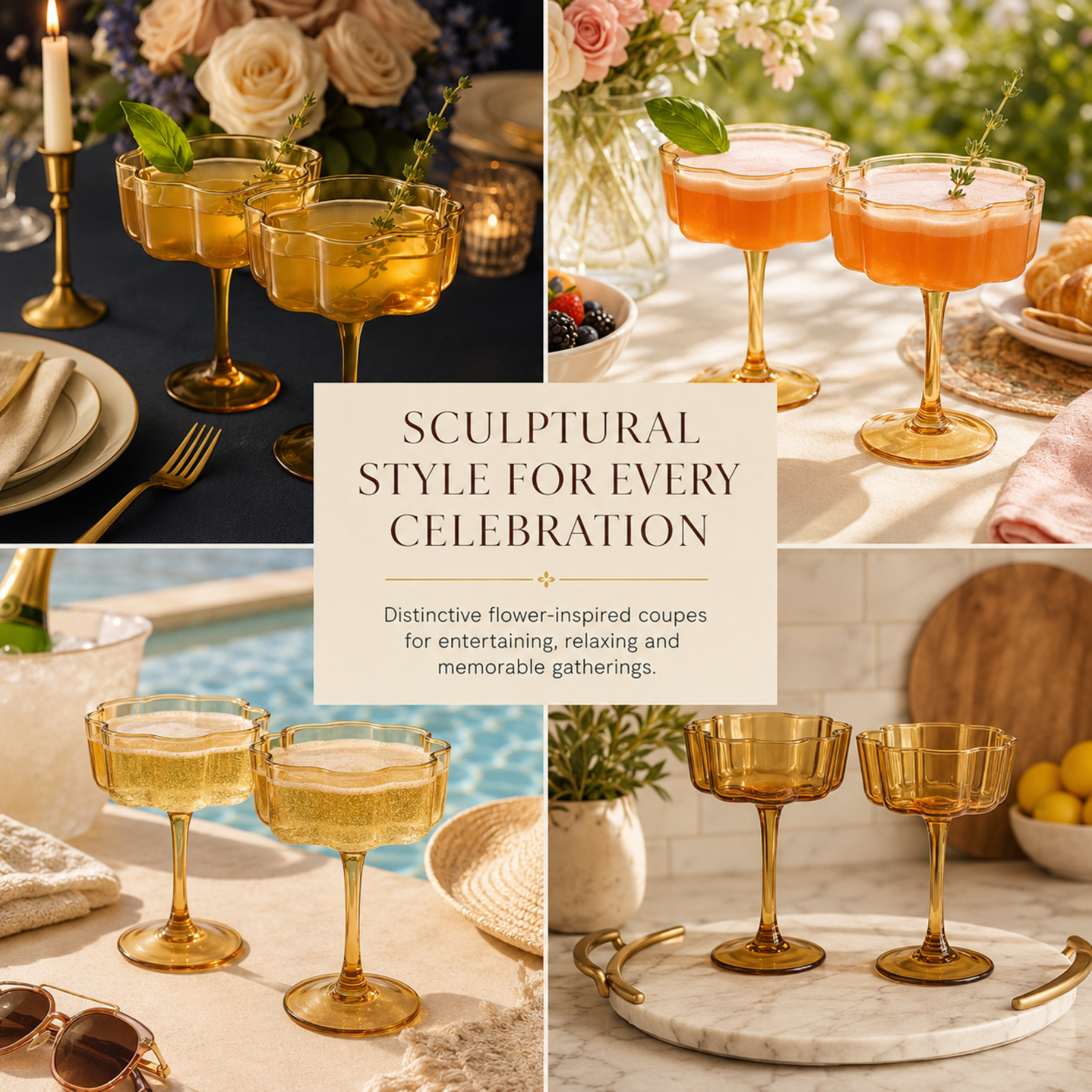 Flower Wave Coupe Cocktail Colored Glasses | Set of 2 | Amber