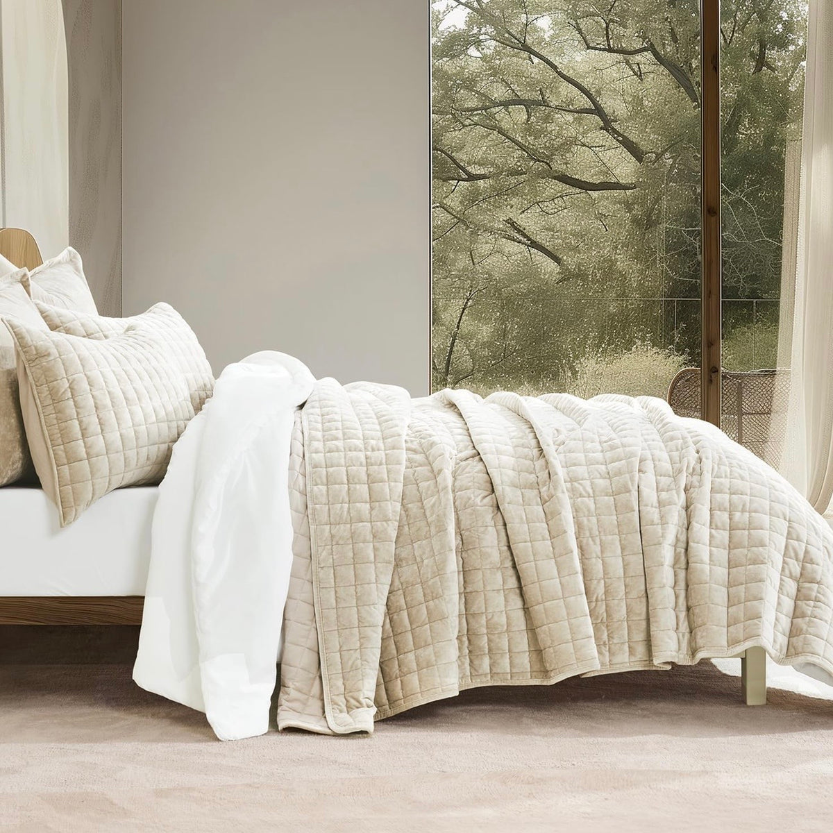 NEW West Elm Beige Velvet Ultra Soft Quilted Bedding Quilt Set - Multiple Sizes