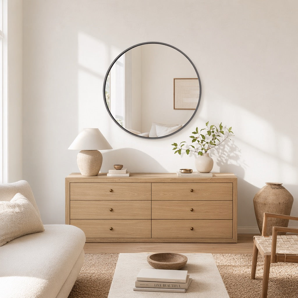 NEW West Elm Black Circle Round Matte Framed Boho Wall Entry Mirror - 24" x 24"