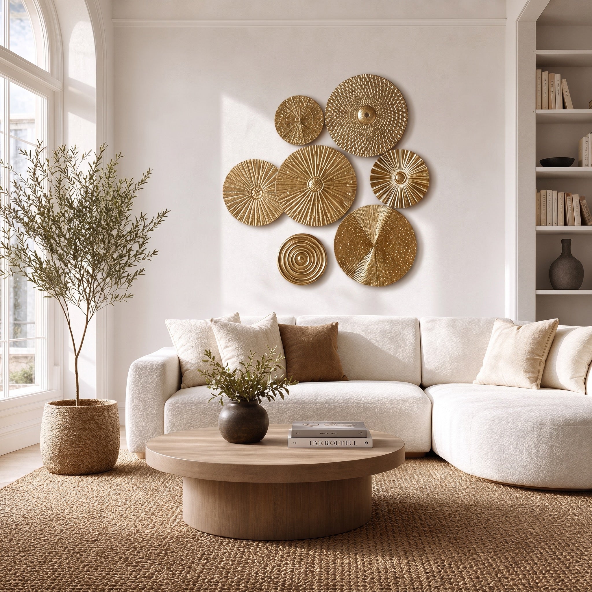 NEW West Elm XL Gold Boho Metal Abstract Wall Hanging Baskets Plates - Set of 7