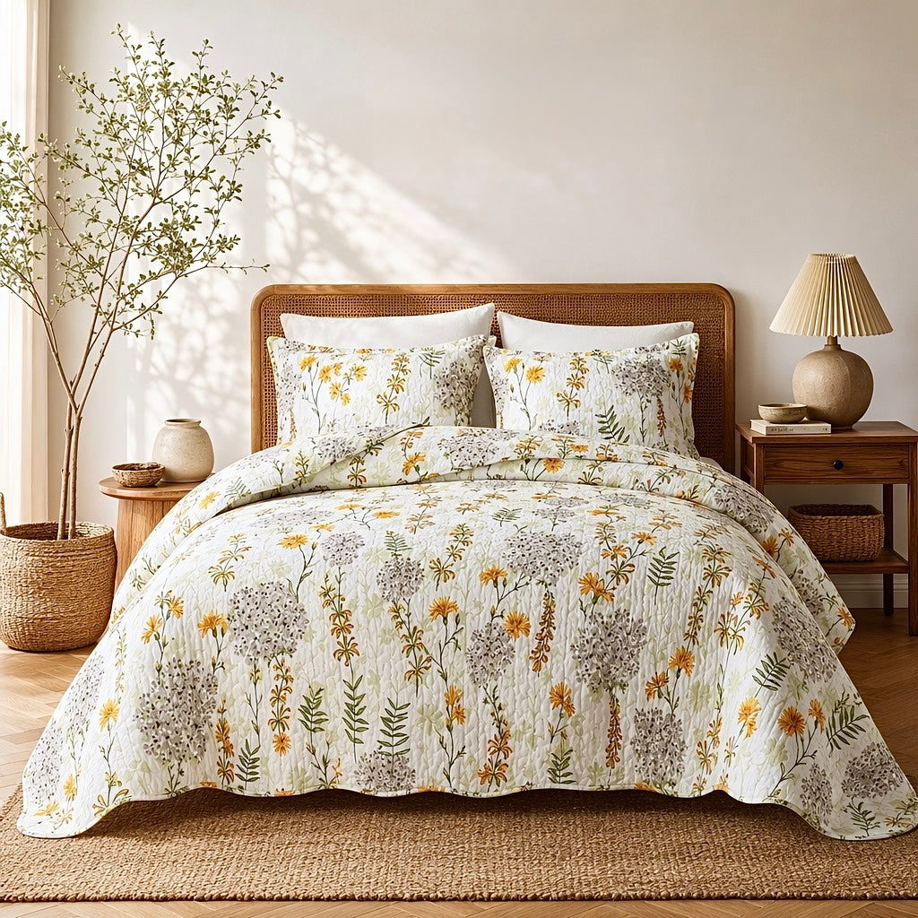 NEW Anthropologie White Floral Queen Size Boho Quilt Bedding Bedspread Sham Set