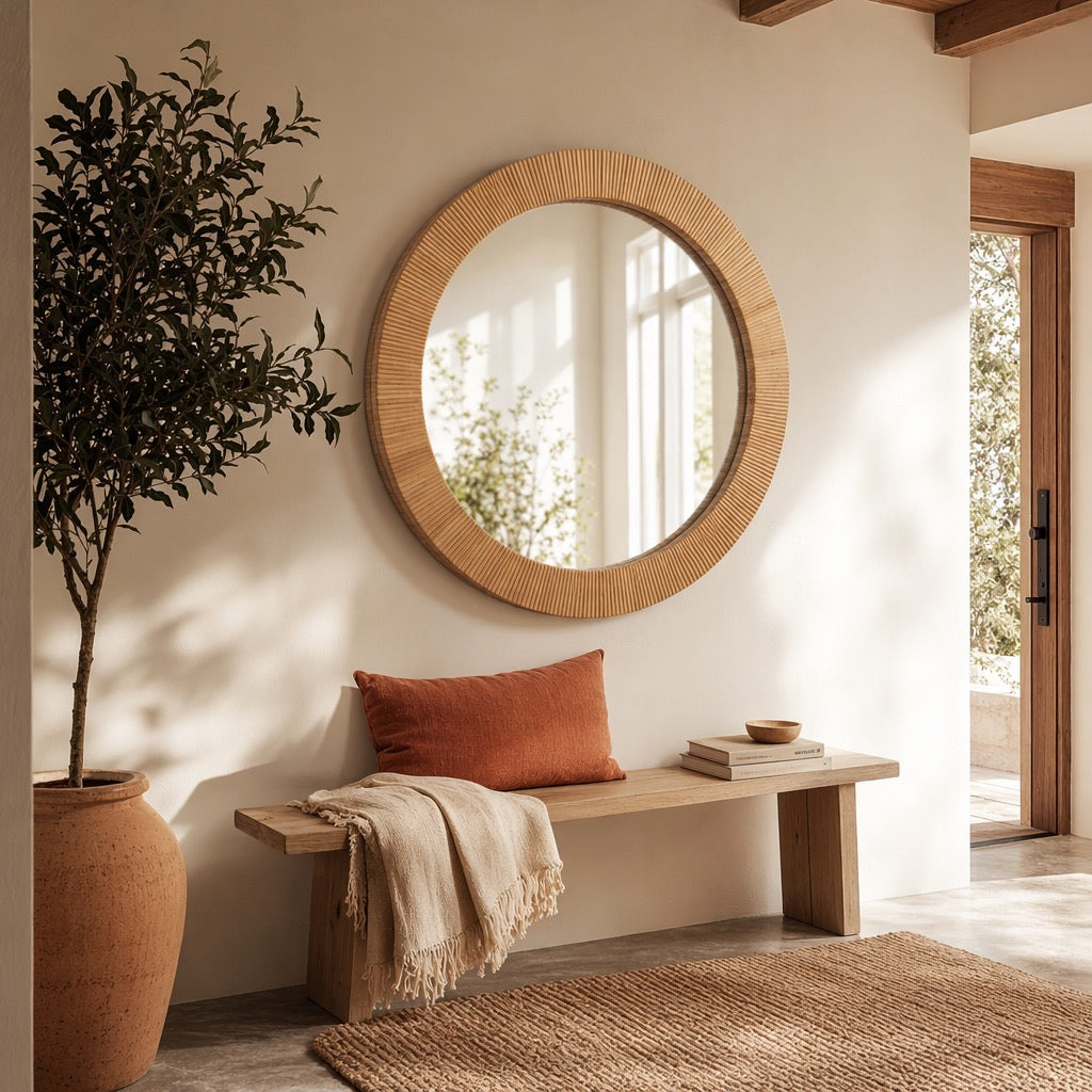 NEW West Elm Large Round Mirror Wicker Wood Boho Wall Hanging Decor - 24” Diam