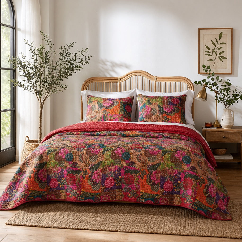 NEW Anthropologie Red Floral Boho King Quilt Stitch Bedspread Bedding Sham Set