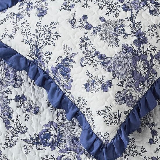 NEW Anthropologie Blue White Floral Ruffle Trim Quilt Coverlet Bedding Sham Set