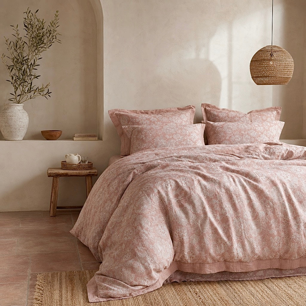 NEW Anthropologie Pink Floral Jacquard Boho Queen Size Bedding Duvet & Sham Set