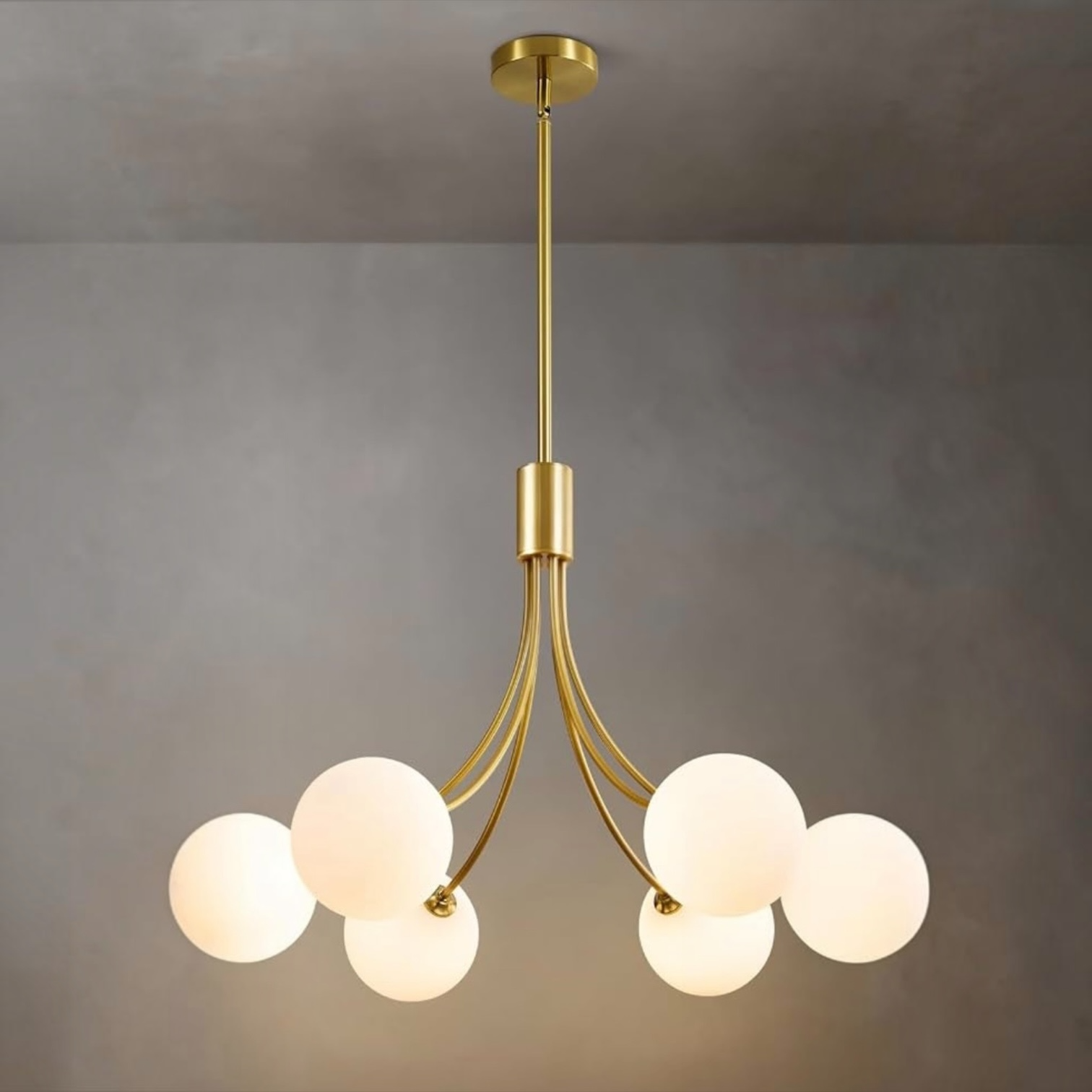 NEW West Elm XL 6-Light Gold & White Globe Boho Chandelier Hanging Light Fixture