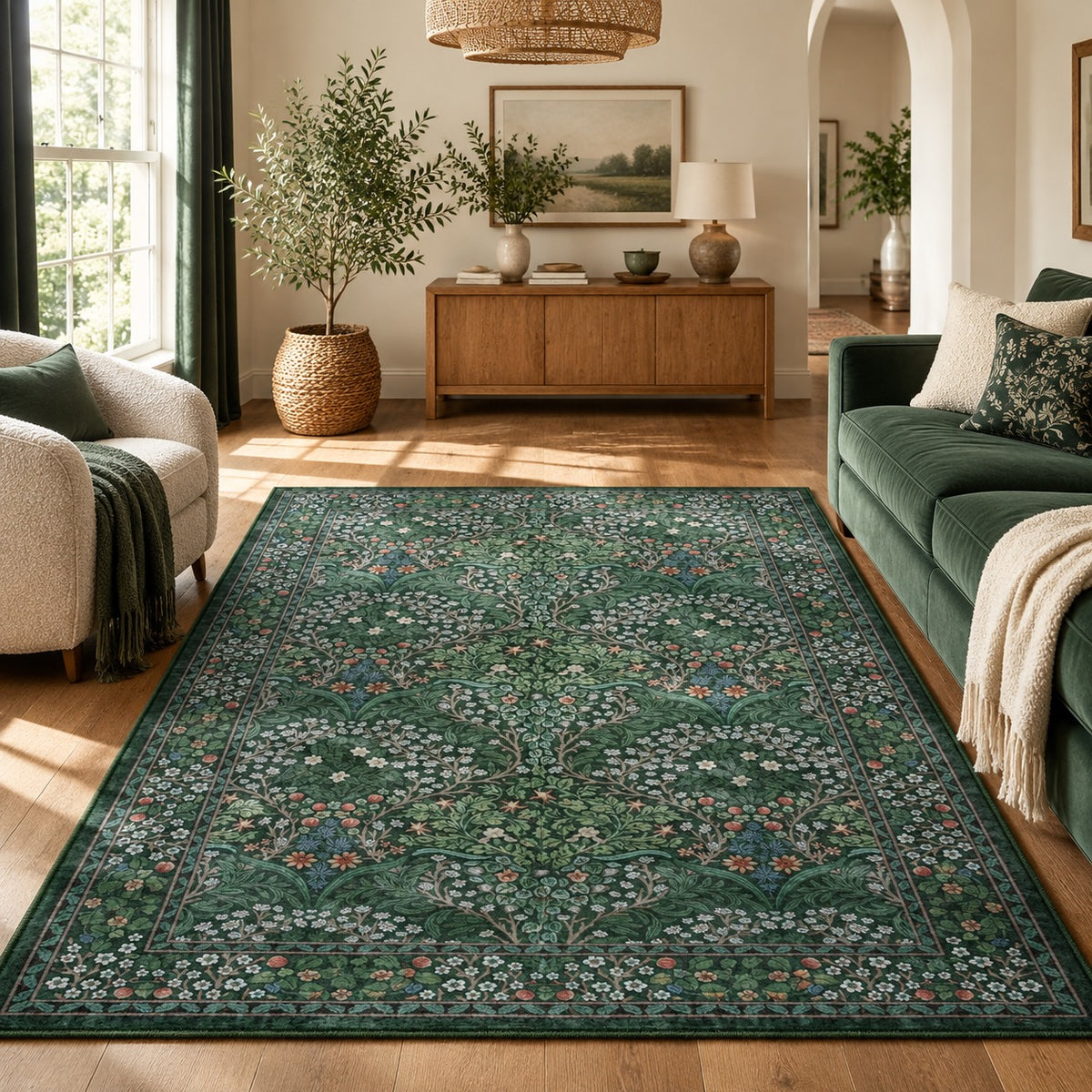 NEW Anthropologie Green Floral Boho Washable Multicolor Area Rug Carpet 5' x 7'