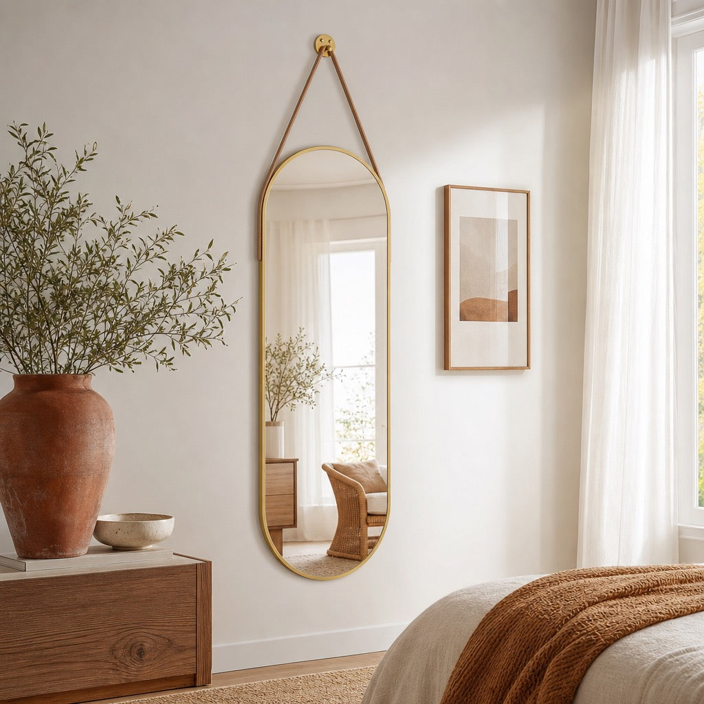 NEW West Elm Gold Arched Full Length Boho Wall Strap Hanging Mirror - 48" x 16"