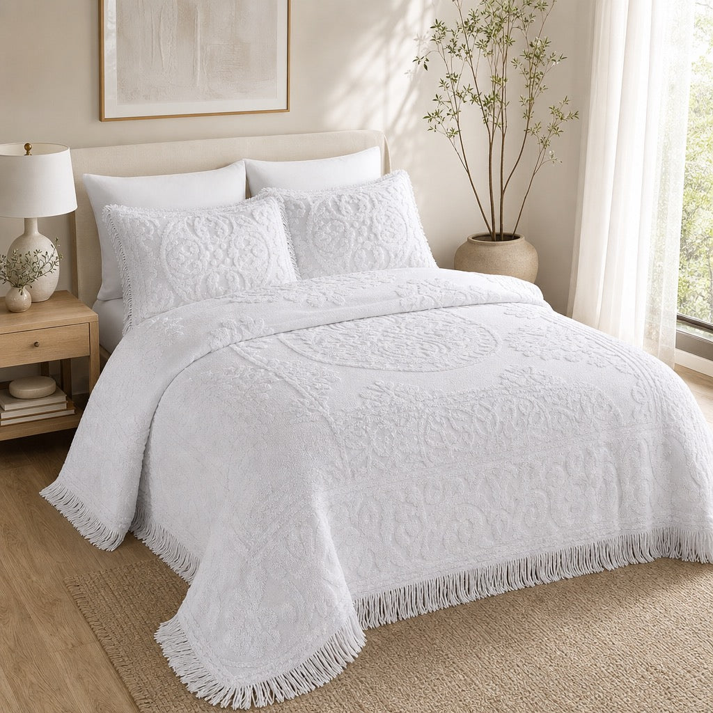 NEW Anthropologie White Chenille Damask Fringe Cotton Bedspread Blanket Sham Set