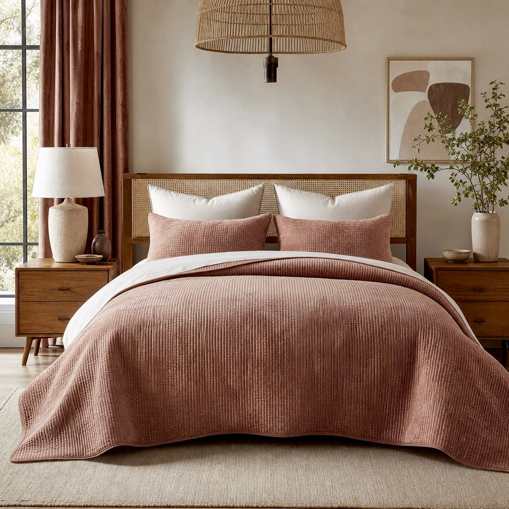 NEW West Elm Velvet Terracotta Clay Queen / King Bedding Comforter & Sham Set