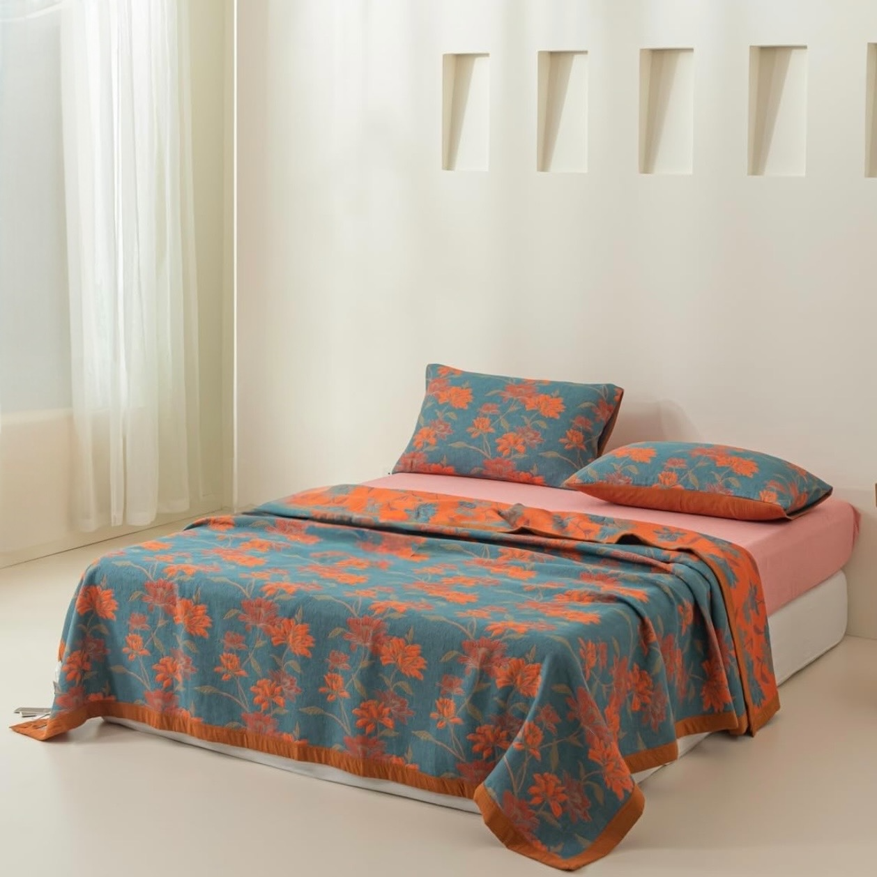 NEW Anthropologie Blue Orange Reversible King Size Bedspread Blanket Sham Set